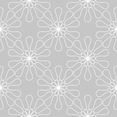 Gri arka plan üzerinde beyaz çiçekler. Tekstil ve duvar kağıtları için süs seamless modeli