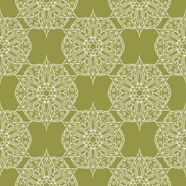 Zeytin yeşil zemin üzerine beyaz çiçek süsleme. Tekstil ve duvar kağıtları için seamless modeli