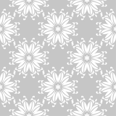 Gri arka plan üzerinde beyaz çiçekler. Tekstil ve duvar kağıtları için süs seamless modeli