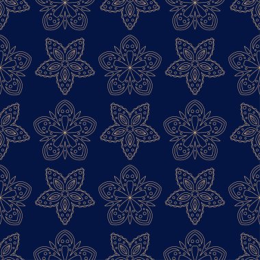 Koyu mavi zemin üzerine altın çiçek süsleme. Tekstil ve duvar kağıtları için seamless modeli