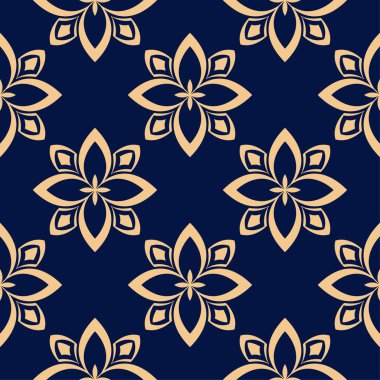 Koyu mavi zemin üzerine altın çiçek süsleme. Tekstil ve duvar kağıtları için seamless modeli