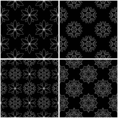 Çiçek desenleri. Siyah beyaz tek renkli kesintisiz arka planlar kümesi. Vektör çizim