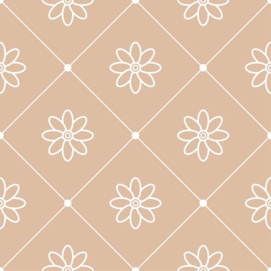 Bej renkli arka plan üzerinde beyaz çiçek süsleme. Tekstil ve duvar kağıtları için seamless modeli