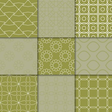 Zeytin yeşili geometrik süsler. Web, Tekstil ve duvar kağıtları için dikişsiz desen koleksiyonu