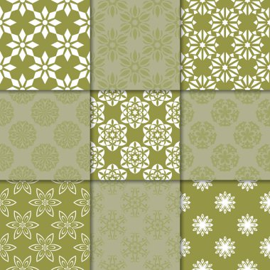 Zeytin Yeşil çiçekli süsler. Kağıt için dikişsiz desen koleksiyonu Tekstil