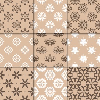 Kahverengi Bej çiçekli süsler. Kağıt için dikişsiz desen koleksiyonu Tekstil