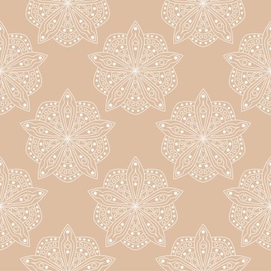 Bej renkli arka plan üzerinde beyaz çiçek süs tasarım. Tekstil ve duvar kağıtları için seamless modeli