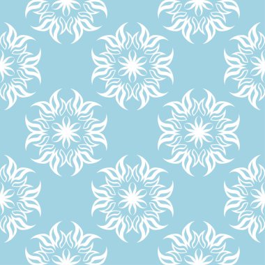 Mavi zemin üzerine beyaz çiçekler. Tekstil ve duvar kağıtları için süs seamless modeli