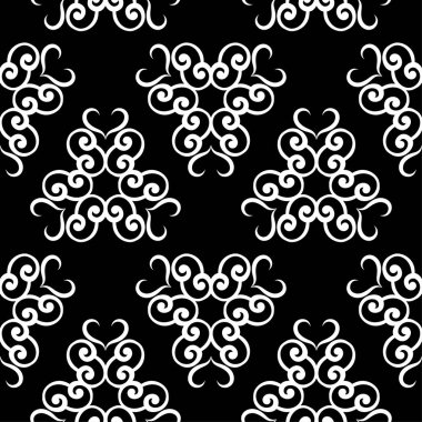 Siyah arka plan üzerine beyaz çiçekler. Tekstil ve duvar kağıtları için süs seamless modeli