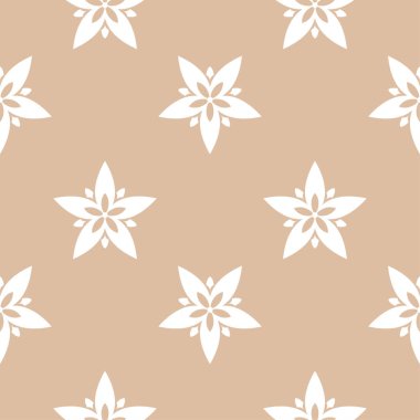 Bej renkli arka plan üzerinde beyaz çiçek süs tasarım. Tekstil ve duvar kağıtları için seamless modeli