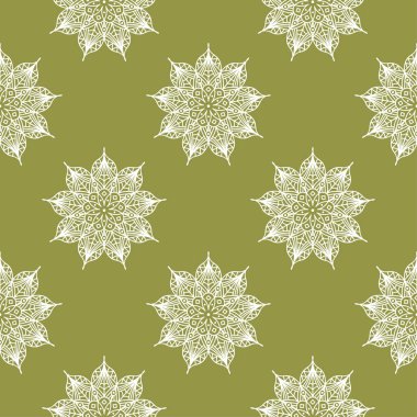 Zeytin yeşil zemin üzerine beyaz çiçek süsleme. Tekstil ve duvar kağıtları için seamless modeli