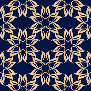 Koyu mavi zemin üzerine altın çiçek tasarım. Tekstil ve duvar kağıtları için seamless modeli