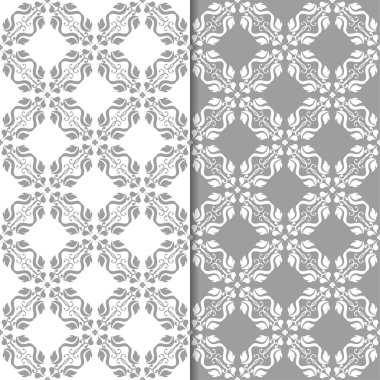 Beyaz ve gri çiçek süs tasarımlar. Tekstil ve duvar kağıtları için dikişsiz desen seti