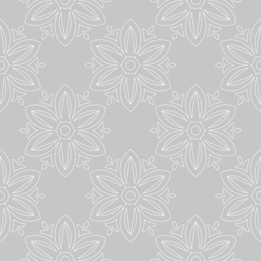 Gri arka plan üzerinde beyaz çiçekler. Tekstil ve duvar kağıtları için süs seamless modeli