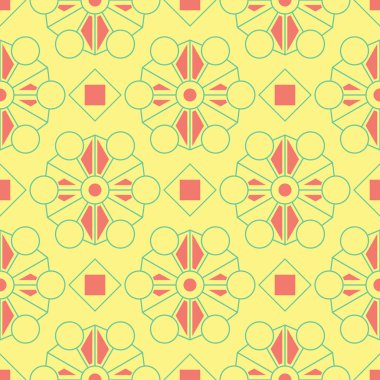 Geometrik şekilli elemanları ile sorunsuz arka plan. Parlak sarı arka plan duvar kağıtları, Tekstil ve kumaş için pembe ve yeşil tasarım ile
