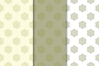 Zeytin yeşili ve beyaz çiçek arka planlar. Tekstil ve duvar kağıtları için dikişsiz desen seti