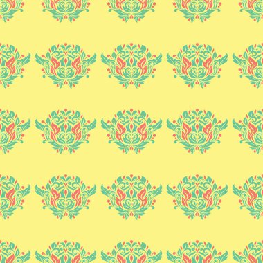 Çiçek tasarım ile Seamless modeli. Parlak sarı arka plan duvar kağıtları, Tekstil ve kumaş için pembe ve yeşil çiçek öğeleri