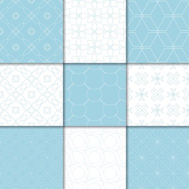 Mavi ve beyaz geometrik süsler. Web, Tekstil ve duvar kağıtları için dikişsiz desen koleksiyonu