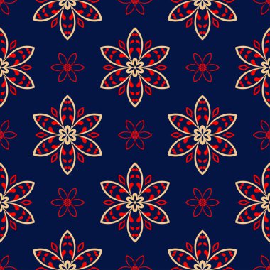 Çiçek sorunsuz arka plan. Duvar kağıtları, Tekstil ve kumaş için mavi arka plan üzerinde kırmızı ve bej çiçek öğeleri