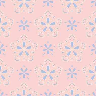 Çiçek soluk pembe sorunsuz bir arka plan. Çiçek desenli duvar kağıtları, Tekstil ve kumaş için ışık mavi ve sarı öğeler