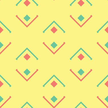 Geometrik seamless modeli. Sarı arka plan duvar kağıtları, Tekstil ve kumaş için pembe ve yeşil tasarım ile