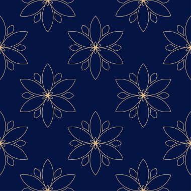 Koyu mavi zemin üzerine altın çiçek süsleme. Tekstil ve duvar kağıtları için seamless modeli