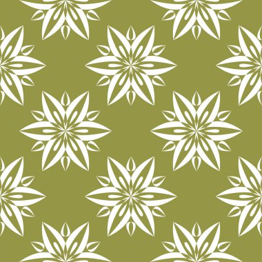 Zeytin yeşil zemin üzerine beyaz çiçek süsleme. Tekstil ve duvar kağıtları için seamless modeli