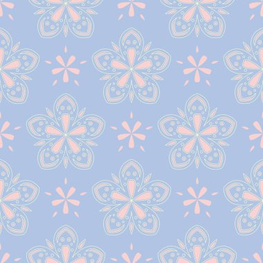 Çiçek seamless modeli. Soluk mavi arka plan duvar kağıtları, Tekstil ve kumaş için bej ve pembe çiçek öğeleri ile