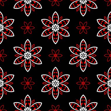 Çiçek elemanları ile Seamless modeli. Siyah kırmızı beyaz bir arka plan duvar kağıtları, Tekstil ve kumaş için