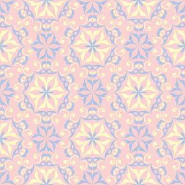 Çiçek soluk pembe sorunsuz bir arka plan. Çiçek desenli duvar kağıtları, Tekstil ve kumaş için ışık mavi ve sarı öğeler