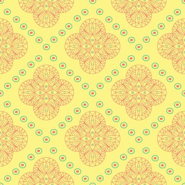 Geometrik şekilli elemanları ile sorunsuz arka plan. Parlak sarı arka plan duvar kağıtları, Tekstil ve kumaş için pembe ve yeşil tasarım ile