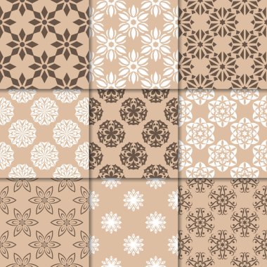 Kahverengi Bej çiçekli süsler. Kağıt için dikişsiz desen koleksiyonu Tekstil