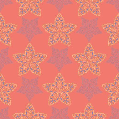 Çiçek tasarım seamless modeli. Duvar kağıtları ve kumaşlar için somon kırmızı zemin üzerine parlak sarı ve mavi çiçek öğeleri