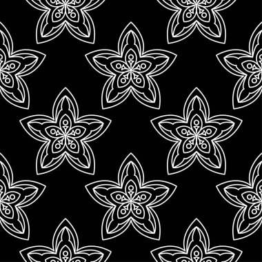 Siyah arka plan üzerine beyaz çiçek süsleme. Tekstil ve duvar kağıtları için seamless modeli