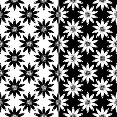 Siyah ve beyaz çiçekli süsler. Tekstil ve duvar kağıtları için sorunsuz arka planlar kümesi