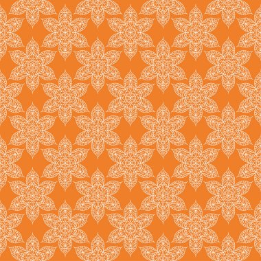 Turuncu zemin üzerine beyaz çiçek süsleme. Tekstil ve duvar kağıtları için seamless modeli