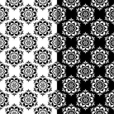 Siyah ve beyaz çiçek arka planlar. Tekstil ve duvar kağıtları için dikişsiz desen seti