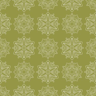Zeytin yeşil zemin üzerine beyaz çiçek süsleme. Tekstil ve duvar kağıtları için seamless modeli