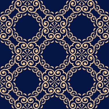 Koyu mavi zemin üzerine altın çiçek tasarım. Tekstil ve duvar kağıtları için seamless modeli