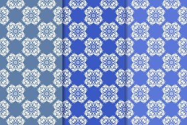 Mavi çiçekli süsler. Duvar kağıtları ve kumaşlar için dikey Dikişsiz desen seti