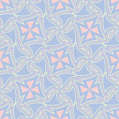 Geometrik desenli sorunsuz arka plan. Tekstil ve duvar kağıtları için mavi zemin üzerinde öğeleri pembe ve bej