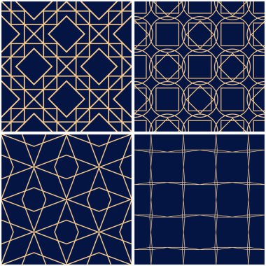 Geometrik desenler. Altın mavi sorunsuz arka planlar kümesi. Vektör çizim