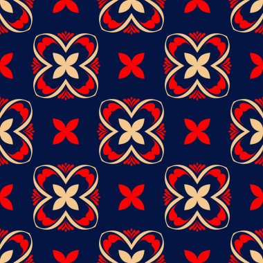 Kesintisiz mavi arka plan. Çiçek bej ve kırmızı desenli duvar kağıtları ve tekstil