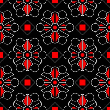 Kesintisiz geometrik siyah arka plan. Kırmızı ve beyaz öğelerle duvar kağıtları, Tekstil ve kumaş için