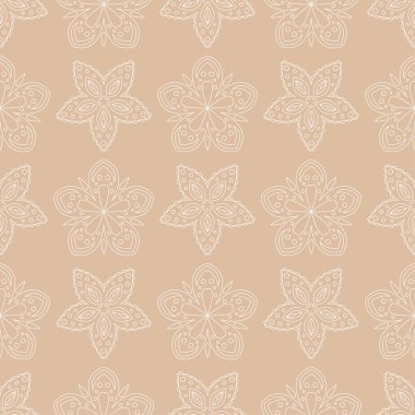 Bej renkli arka plan üzerinde beyaz çiçek süsleme. Tekstil ve duvar kağıtları için seamless modeli
