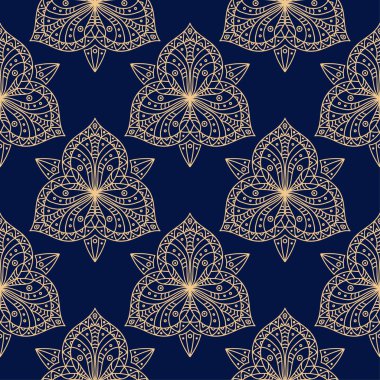 Koyu mavi zemin üzerine altın çiçek süsleme. Tekstil ve duvar kağıtları için seamless modeli