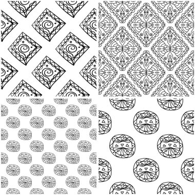 Geometrik desenler. Siyah beyaz tek renkli kesintisiz arka planlar kümesi. Vektör çizim