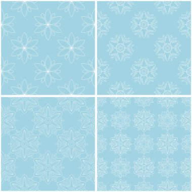 Çiçek desenleri. Mavi ve beyaz sorunsuz arka planlar kümesi. Vektör çizim