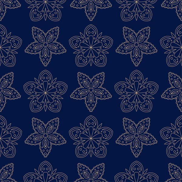 Golden Floral Ornament Dark Blue Background Seamless Pattern Textile Wallpapers — Stock Vector