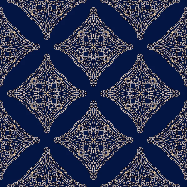 几何装饰品 金色蓝色无缝图案 用于网络 纺织品和墙纸 — 图库矢量图片